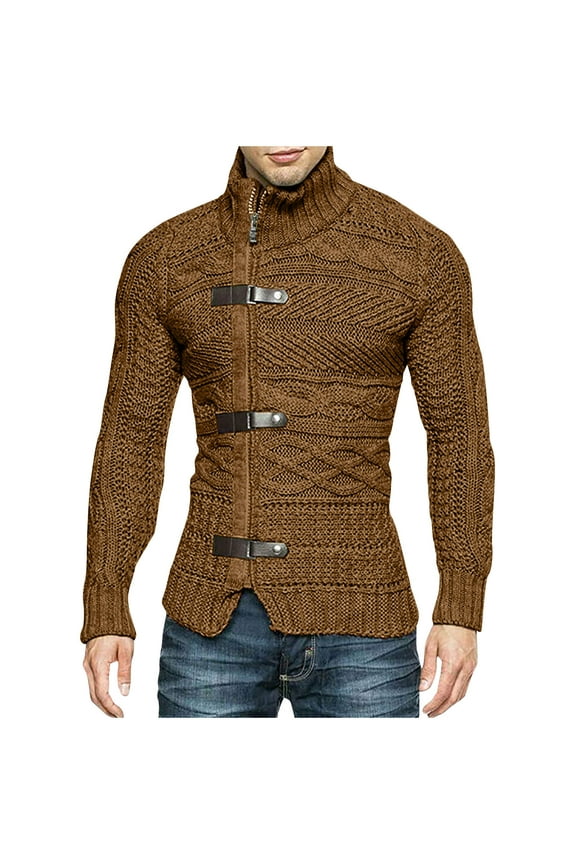 Men's Cardigan Sweaters Turtleneck Long Sleeve Solid Color Leather Button Knit Outerwear Warm Sweater for Men for Winter