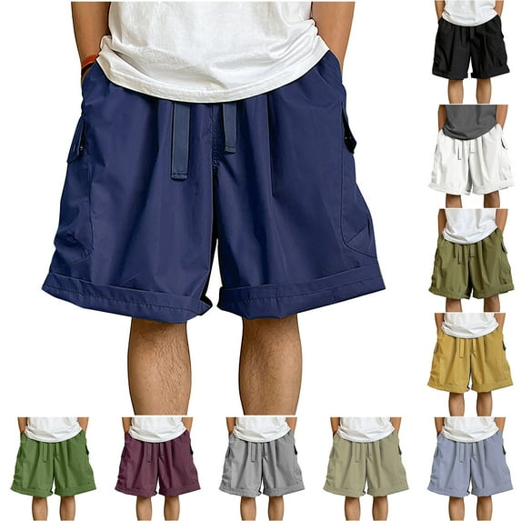 Hrsba Men's Casual Shorts,Solid Color Linen Drawstring Knee Length Summer Daily Wear Shorts