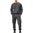 thumbnail image 1 of Hrsba Men's Fleece Lined Solid Color Loose Pullover Sweatshirt Long Sleeve Crew Neck And Cargo Pants Drawstring For Home, 1 of 5