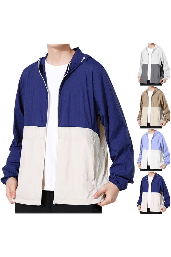 Men's Jackets Color Block Ice Silk Zip Front Uv Protection Hooded Casual Jacket