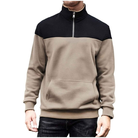 Hrsba Quarter Zip Pullover Men, Men's Long Sleeve Stand Collar Top Casual Fashion Solid Color Knitted Embossed Button Fall Clothes for Men