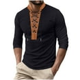 thumbnail image 1 of Hrsba Men's Long Sleeve Stand up Collar Blouse & Shirt, Men's Long Sleeve Tops Color Block Stand Collar Brown Patchwork Drawstring Pullover T Shirts for Men, 1 of 5