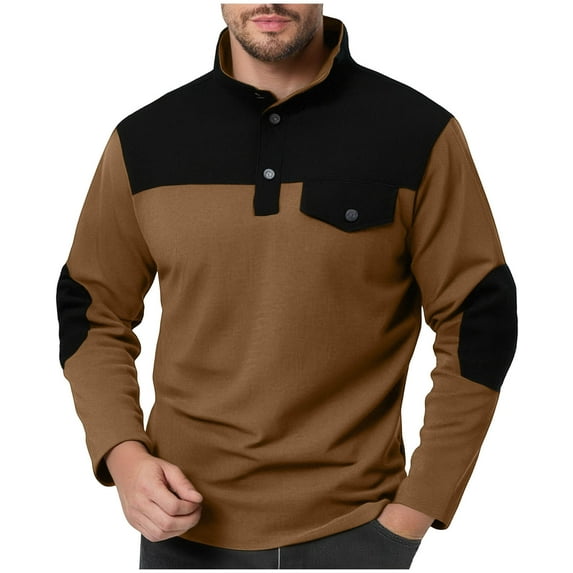 Hrsba Men's Long Sleeve Stand up Collar Blouse & Shirt, Men's Long Sleeve Tops Solid Color Stand Collar Color Block Pocket Button Pullover Hoodie Tops for Men