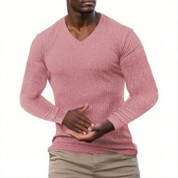 Hrsba Men's Long Sleeve V-Neck Shirts, Men's Tops Casual Solid Color V Neck Knit Sports Fitness Long Sleeve Tops for Men Fall Clothes