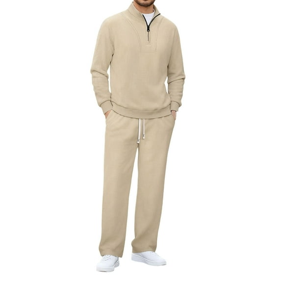 Hrsba Men's Solid Color Corduroy Collared Zip Up Long Sleeve Pants Drawstring Set For Cold Weather