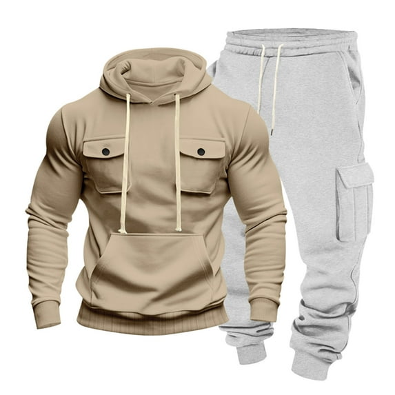 Hrsba Men's Solid Color Hooded Button Down With Pockets Long Sleeve Pants Drawstring Set For Streetwear
