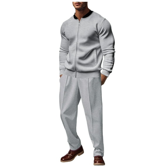 Hrsba Men's Solid Color Stand Collar Zip Up Long Sleeve Pants Drawstring Set For Casual Wear