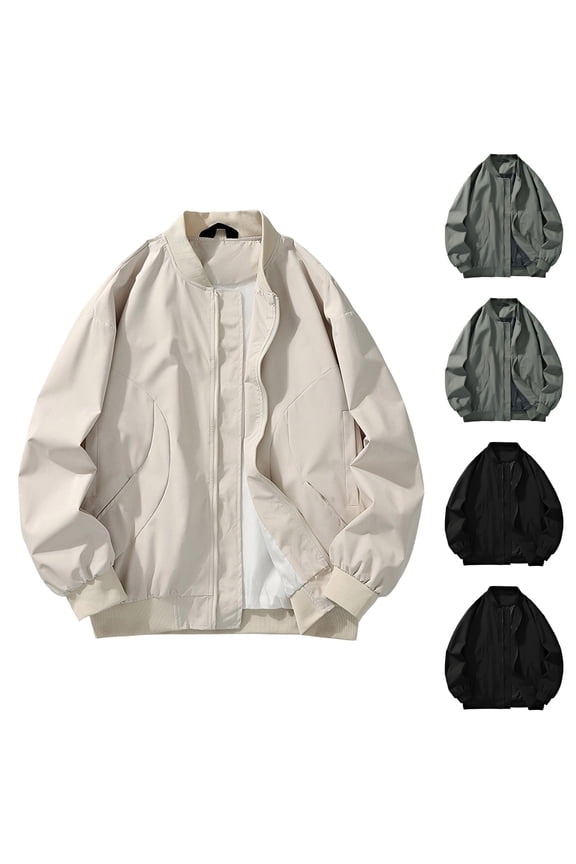 Mens Casual Jacket Long Sleeve Solid Color Crew Neck Cargo Jacket
