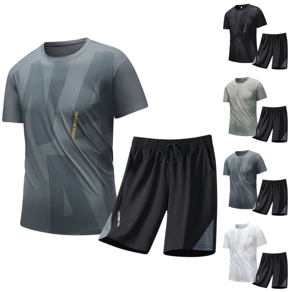 Hrsba Men's 2 Piece Sports Set Summer Crew Neck Short Sleeve Shorts Casual Tracksuits Outfits
