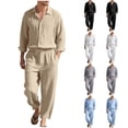 thumbnail image 1 of Hrsba Mens Casual Outfits, Solid Color Linen Loose Long Sleeve Lapel Shirt and Drawstring Pants Summer Set, 1 of 5