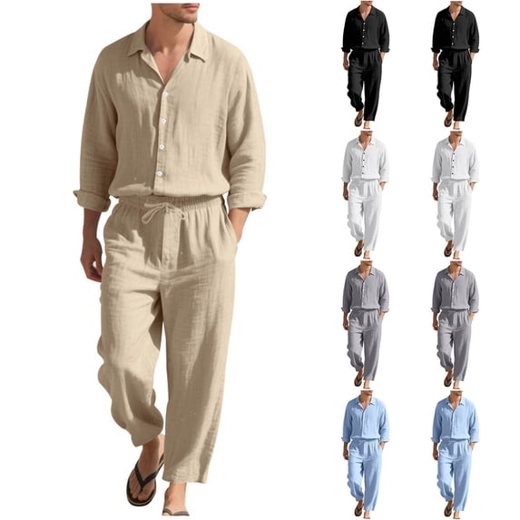 Hrsba Mens Casual Outfits, Solid Color Linen Loose Long Sleeve Lapel Shirt and Drawstring Pants Summer Set