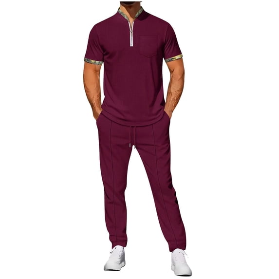 Hrsba Mens Casual Outfits, Solid Color Stand Collar Short Sleeve and Elastic Waist Long Pants Summer Matching Set