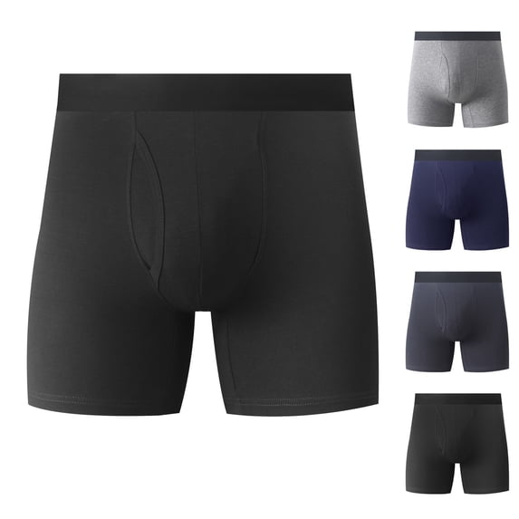 Hrsba Mens Cotton Boxer Briefs Solid Color Front Opening Breathable Elastic Comfortable Daily Inner Shorts