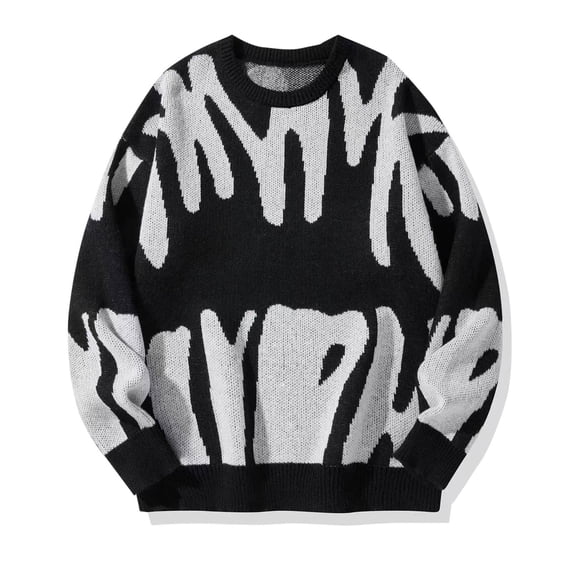 Hrsba Mens Crewneck Sweater Long Sleeve Black & White Combination Color Loose Fashion Pullover Knit Sweater Men for Fall Winter