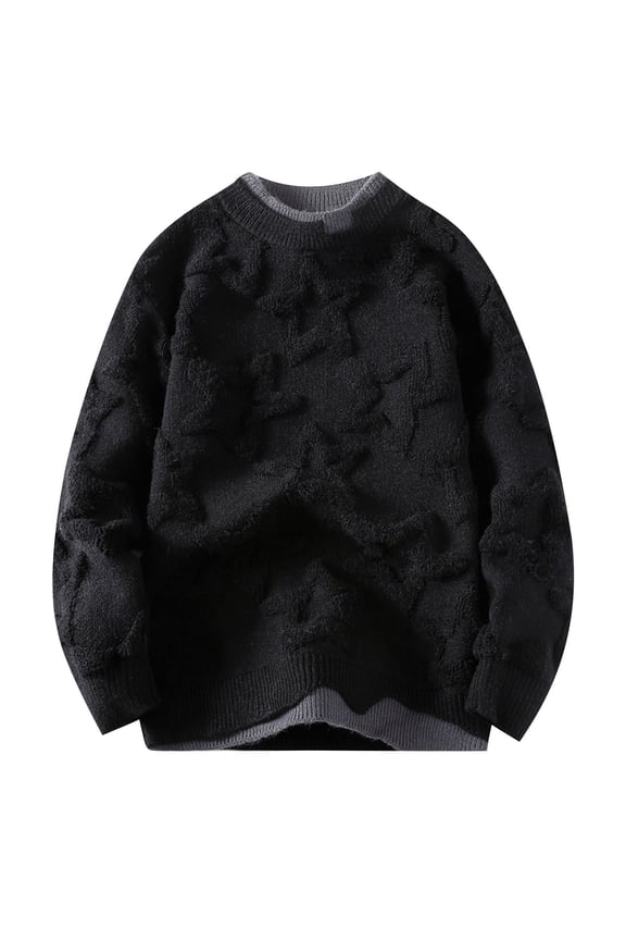 Mens Crewneck Sweater Solid Color Star Print Fake 2 Piece Knit Pullover Sweater for Men Casual Fall Winter Long Sleeve