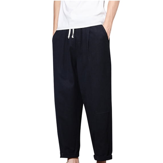 Hrsba Mens Lightweight Sweatpants,Ankle Length Linen Like Loose Straight Leg Long Pants Summer Trendy Daily Wear