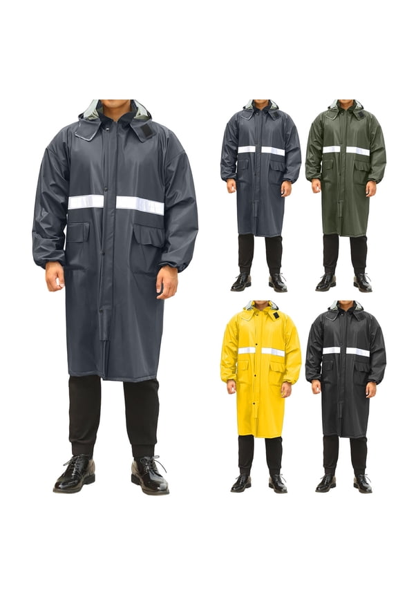 Mens Rain Jackets, Long Pvc Hiking Garment In Solid Color Designed With Reflective Strip Long Sleeve Raincoat