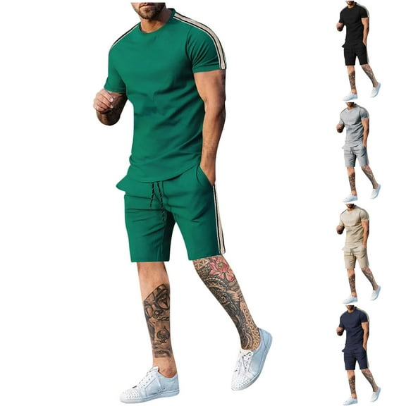 Hrsba Crew Neck Short Sleeve and Shorts Summer Fashion Mens 2 Piece Short Set