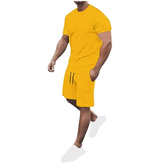 Hrsba Mens 2 Piece Outfits Solid Color Short Sleeve Crew Neck Top and Knee Length Shorts Breathable Summer Set