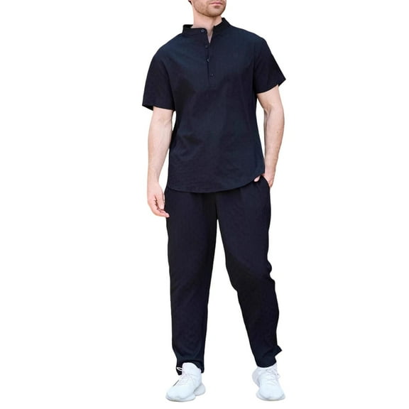 Hrsba Mens Short Set 2 Piece Outfits, Solid Color Stand Collar Short Sleeve and Long Pants Summer Daily Wear Matching Set