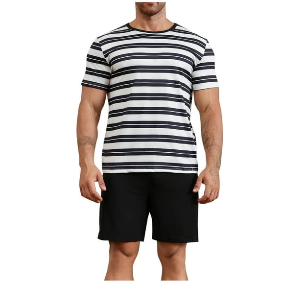 Hrsba Mens Short Set 2 Piece Outfits, Striped Short Sleeve Crew Neck Tee and Casual Shorts Summer Daily Wear Matching Set