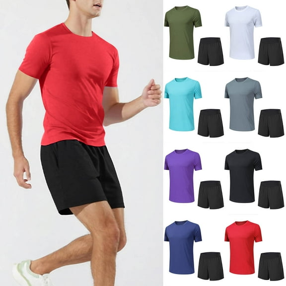 Hrsba Mens 2 Piece Outfits Solid Color Active Shorts with Pockets Drawstring and Short Sleeve Crew Neck Top Set