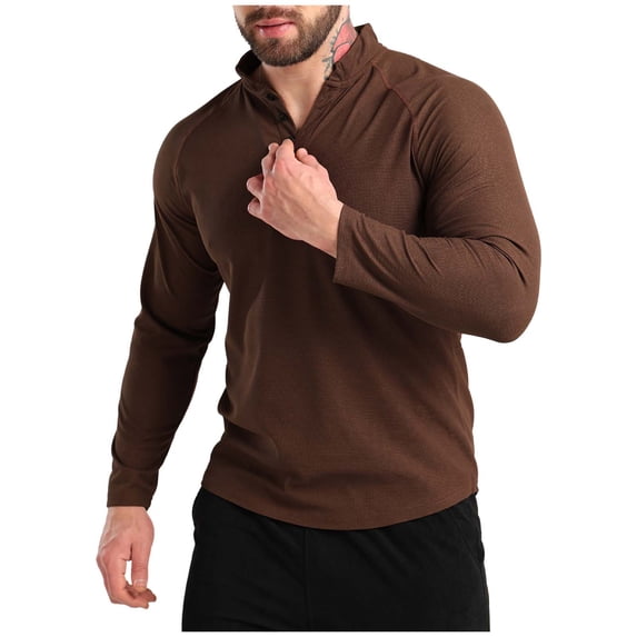 Hrsba Mens Thick Sweatshirt, Mens Solid Color V Neck Training Top Long Sleeve Button Detail Dry Workout Shirt