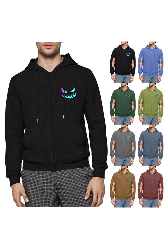 Mens Zip Up Jacket Print Pattern Zip Coat On Both Arms With Storage Pockets Hooded Casual Jacket