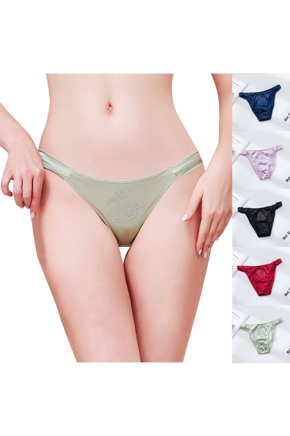 Mesh Panties for Women Satin Strap Brief Narrow Crotch Thong Style Velvet Rhinestone Embellish