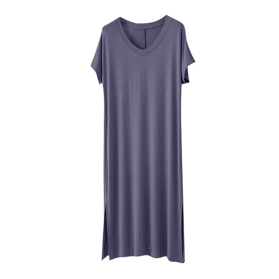 Hrsba Nightgowns for Women, Solid Color V Neck Short Sleeve Loose Soft Lightweight Summer Long Sleep Dress