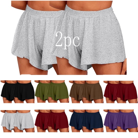 Hrsba Pack of Shorts for Women, 2 PC Solid Color Elastic Waist Side Ruffled Summer Casual Shorts Comfortable Daily Wear