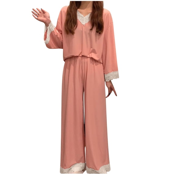 Hrsba Pajama Set for Women 2 Piece V Neck Long Sleeve Lace Top with Elastic Waist Pants Women's Sleep Pants