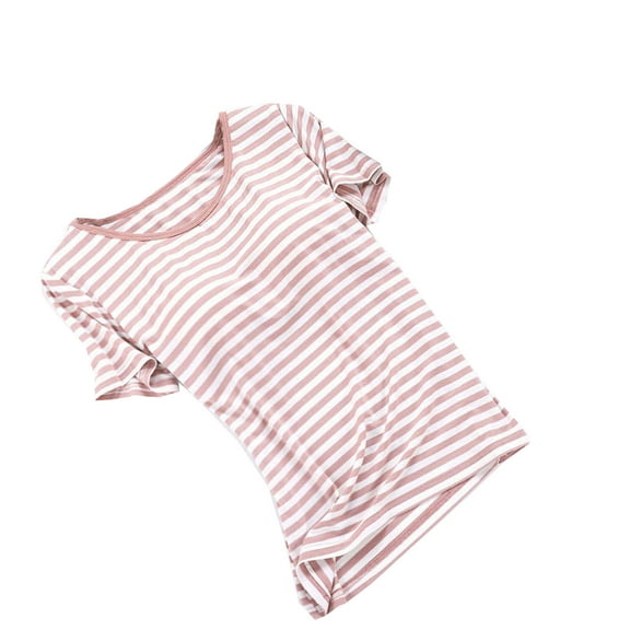 Hrsba Pajama Tops for Women,Striped Crew Neck Short Sleeve with Built In Bra Pad Cropped Style Sleep Shirt for Daily Wear