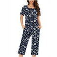 thumbnail image 1 of Hrsba Pajamas for Women Set Short Sleeve,Print Button Up Ruched Crew Neck 3/4 Pants Set, 1 of 4