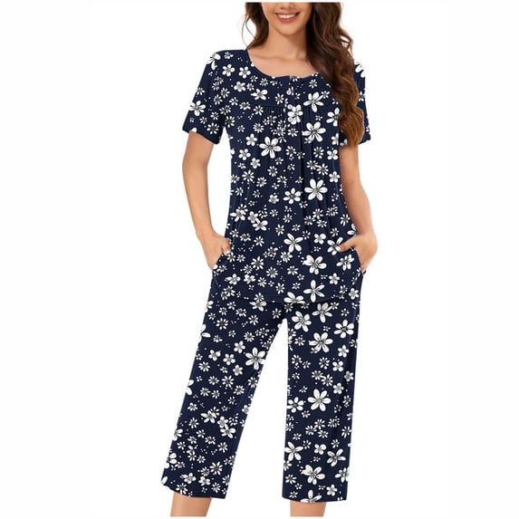 Hrsba Pajamas for Women Set Short Sleeve,Print Button Up Ruched Crew Neck 3/4 Pants Set