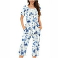 thumbnail image 1 of Hrsba Pajamas for Women Set Short Sleeve,Print Button Up Ruched Crew Neck 3/4 Pants Set, 1 of 3