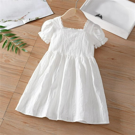 Hrsba Girls Princess Dress Solid Color Short Sleeve Petal Lapel White Dress Elegant Stylish Dress for Big Kids and Teen Girls