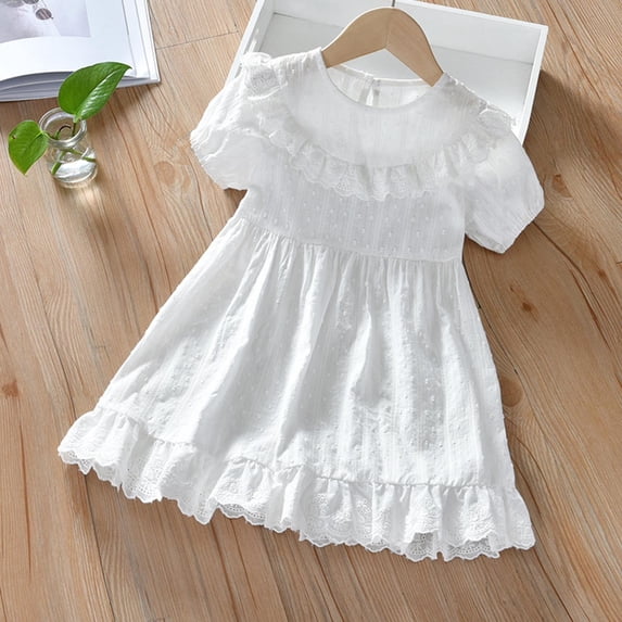 Hrsba Girls Princess Dress Solid Color Short Sleeve Petal Lapel White Dress Elegant Stylish Dress for Big Kids and Teen Girls