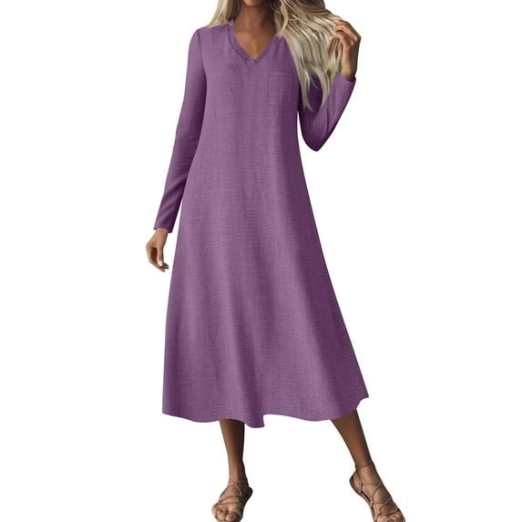 Hrsba Women Short Sleeve Crew Neck Desses, Long Dresses for Women Long Sleeve Solid Color Casual Dress with Side Pockets Maxi Length Soft Fabric
