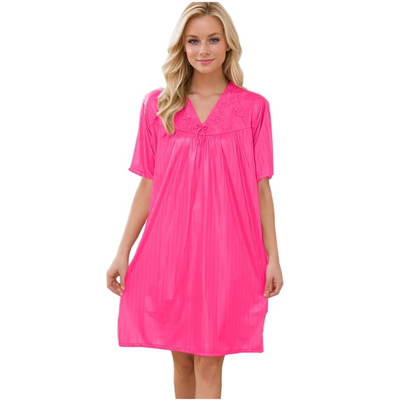 Hrsba Plus Size Nightgowns, Solid Color Summer Faux Silk Plain Short Sleeve Loose Calf Length Sleep Dress with Lace for Women