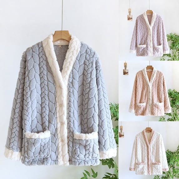 Hrsba Plus Size Plus Size Bed Jacket for Women Solid Tone Thick Fleece Warm Long Sleeve Sleep Tops