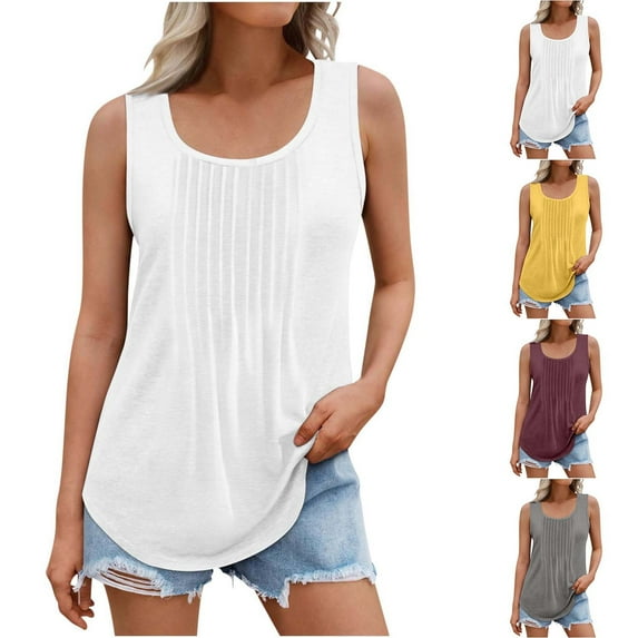 Hrsba Plus Size Crewneck Flowy Tank Top for Women Solid Color Sleeveless Soft Lightweight Breathable Trendy Summer Casual Everyday Loose Cami Top