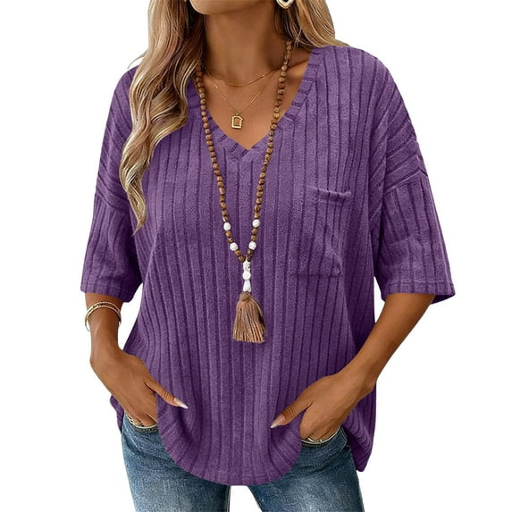 Hrsba Plus Size Tops for Women V Neck Short Sleeve Solid Color Ribbed Knit Fabric Soft for Summer Daily Wear