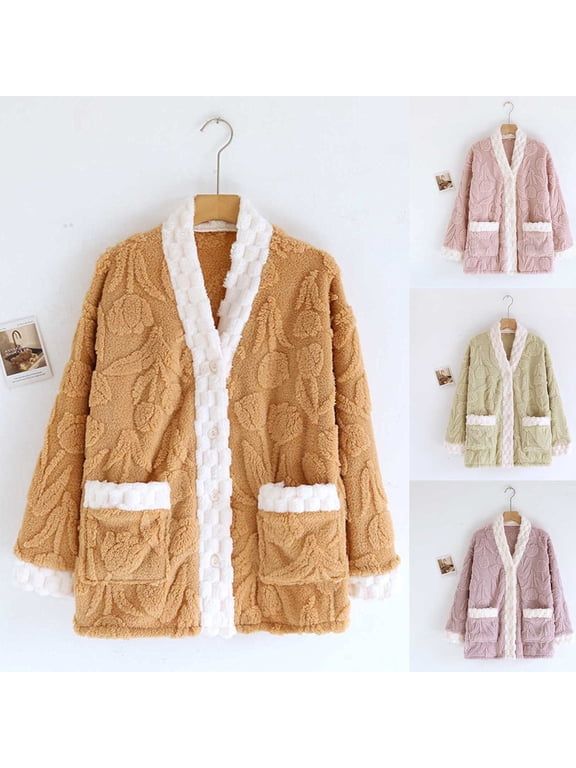 Plus Size Womens Plus Size Bed Jacket Solid Color Thick Fleece Warm Long Sleeve Lounge Tops