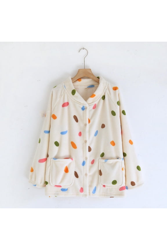 Print Button Bed Jacket for Women Thick Fleece Lined Long Sleeve Pj Tops