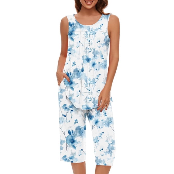 Hrsba Print Womens 2 Piece Outfits,Crew Neck Sleeveless Pullover Top with Casual Shorts Summer Vacation Beach Matching Set