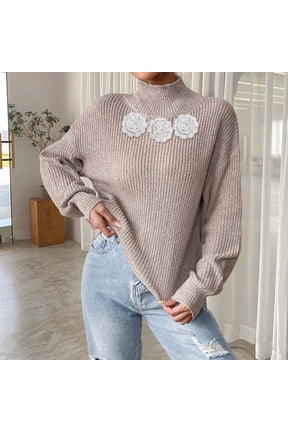 Pullover Sweaters for Women Solid Color Mock Neck Hand Crochet Patch Knit Base Sweater for Fall Winter
