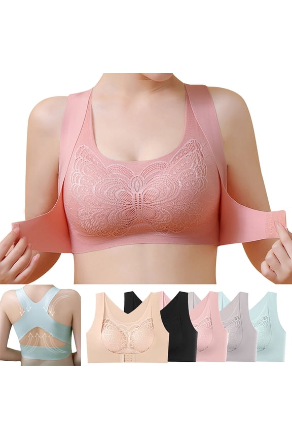 Push Up Bra, Wide Shoulder Straps Wireless Lace Front Closure Daily Wear Bras