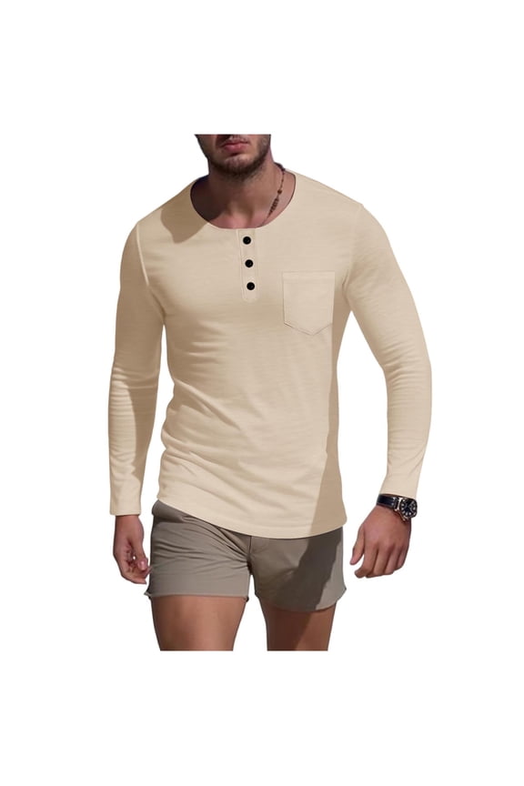 Quarter Button Pullover, Mens Half Button Pocket Cardigan Long Sleeve Solid Color Crewneck Casual Top