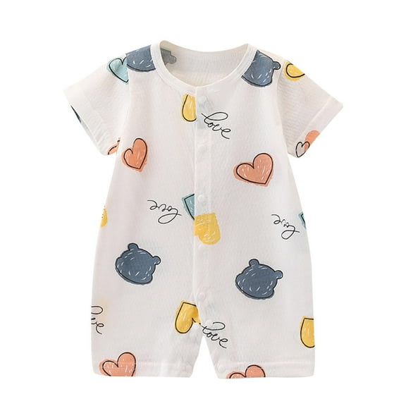 Hrsba Rompers For Boys Girls Kids Jumpsuit Heart Print Short Sleeve Breathable Bodysuit 0-12 Months Soft Comfortable Thin Sleepwear Loungewear Air Conditioner Pajamas